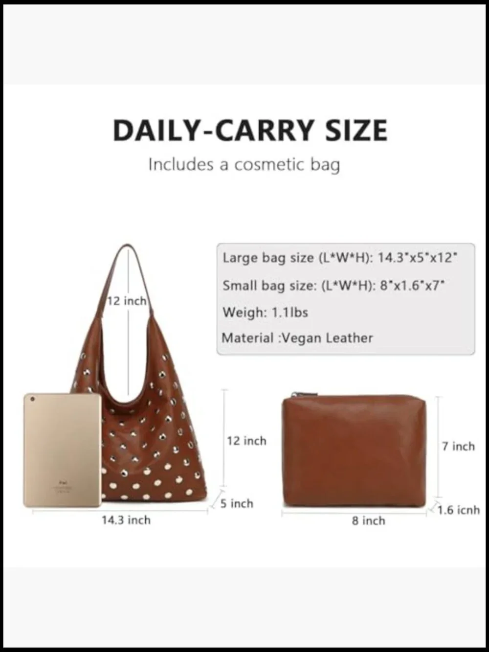 Studded Hobo Bag Vegan Leather Tote Purse Soft Slouchy Shoulder Bag